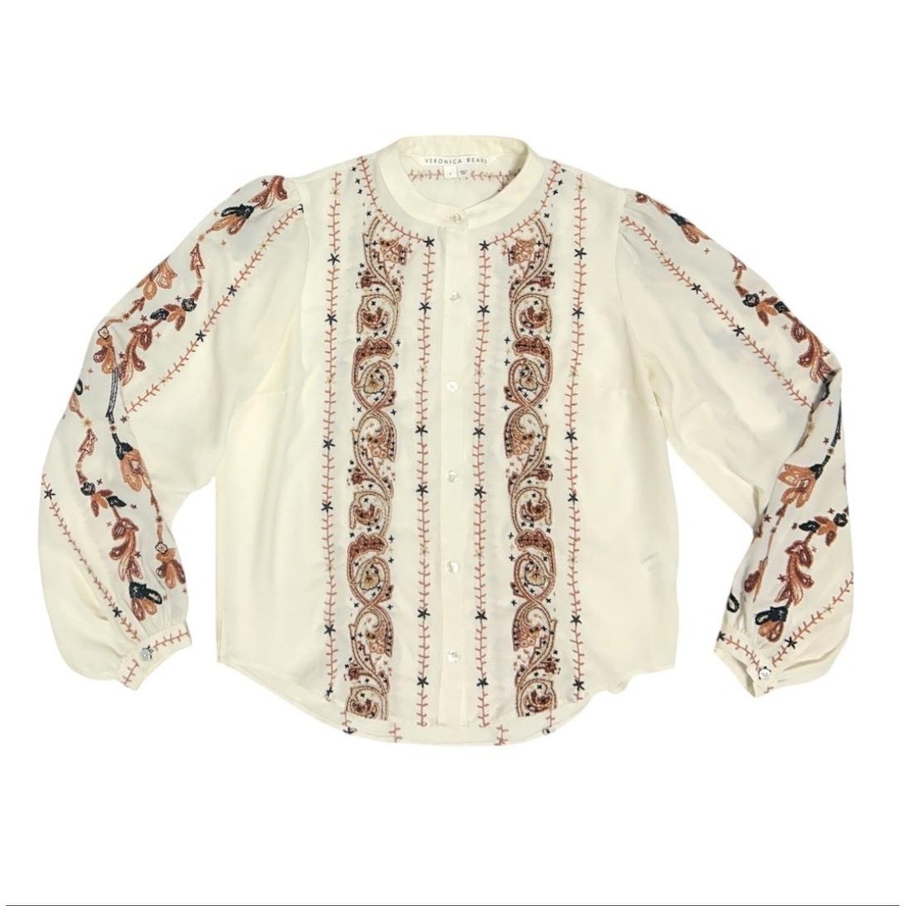 Veronica Beard Cream Embroidered Paisley Button-Up Blouse